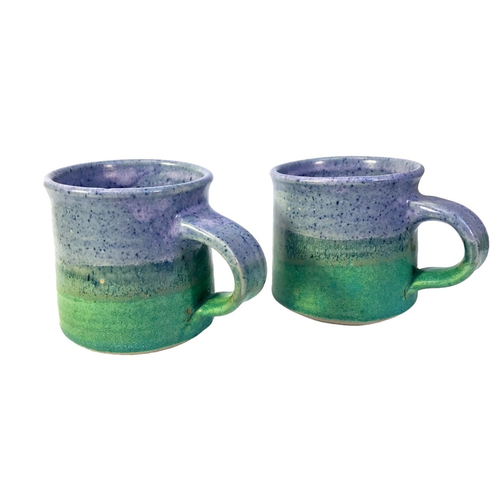 2 Purple Green Speckle Ombré Art Pottery Coffee Cups Mugs Signed Martha 1988 - Picture 4 of 14